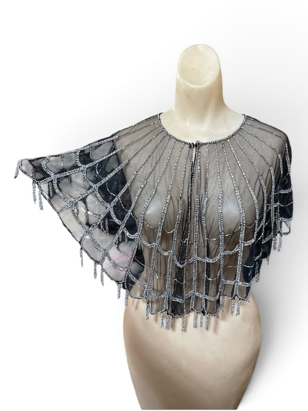 Vintage Y2K Beaded Spiderweb Capelet Black Mesh Gothic Shawl Wrap